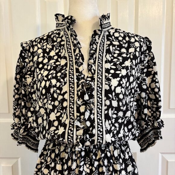 Max Studio Black/White Floral Print Ruffled Collar Tiered Maxi Dress Size 1X - Picture 2 of 12